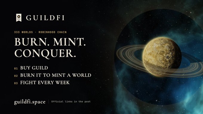 A promotional graphic for 'GUILDFI' with the text '333 WORLDS • ROBINHOOD CHAIN', 'BURN. MINT. CONQUER.', and 'guildfi.space', featuring an image of a ringed planet in space.