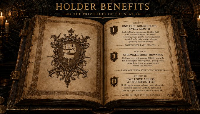 An ancient, leather-bound tome titled "HOLDER BENEFITS: THE PRIVILEGES OF THE SEAT" lies open, displaying an ornate crest with a fist on the left page and three numbered benefits on the right: "Benefit I: One Free Golden Raid, Every Month," "Benefit II: Stronger Siron Rewards," and "Benefit III: Exclusive Access & Opportunities," directly detailing the privileges mentioned in the Iron Allies post for holding an "Iron Lords" VIP NFT.