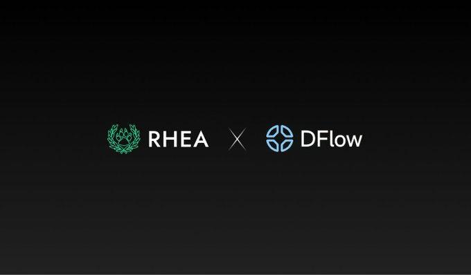 The image displays a partnership logo announcement featuring "RHEA" (with a green laurel wreath icon) and "DFlow" (with a blue circular node icon) separated by an "×" on a black background. This visual branding corresponds to the post's announcement of a collaboration that enables Solana-native swaps and cross-chain asset trading between the two platforms, leveraging DFlow's institutional-grade market access for RHEA's applications.