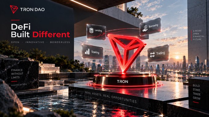 A promotional banner for 'TRON DAO' with the tagline 'DeFi Built Different', featuring a large glowing red TRON logo surrounded by icons for Lending, Borrowing, Staking, and Trading against a cityscape background.