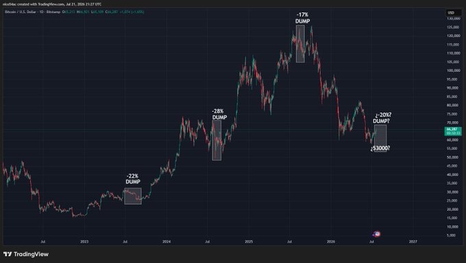 A TradingView chart of Bitcoin/USD shows annotated price drops including '-22% DUMP', '-28% DUMP', '-17% DUMP', and '-20% DUMP' across 2023-2027.