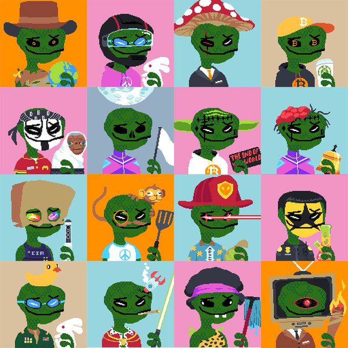 The image features a collection of 16 different alien characters, each with unique appearances and accessories such as hats or masks. These characters are arranged in a grid-like pattern across four rows and four columns, creating an eye-catching display that captures attention. The colors used for these characters vary, adding to the visual appeal of the scene.

The post includes text that reads "Aliens Bitcoin live for trading tomorrow!". This message is relevant to the image as it suggests that there might be a connection between the alien characters and Bitcoin, possibly indicating an ongoing event or promotion related to both topics.
