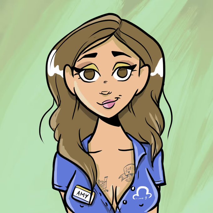 A cartoon-style illustration of a young woman named 'AMY' wearing a blue server uniform with a 'Cinnabon' logo, showing brown hair, green eyeshadow, and a chest tattoo against a green background.