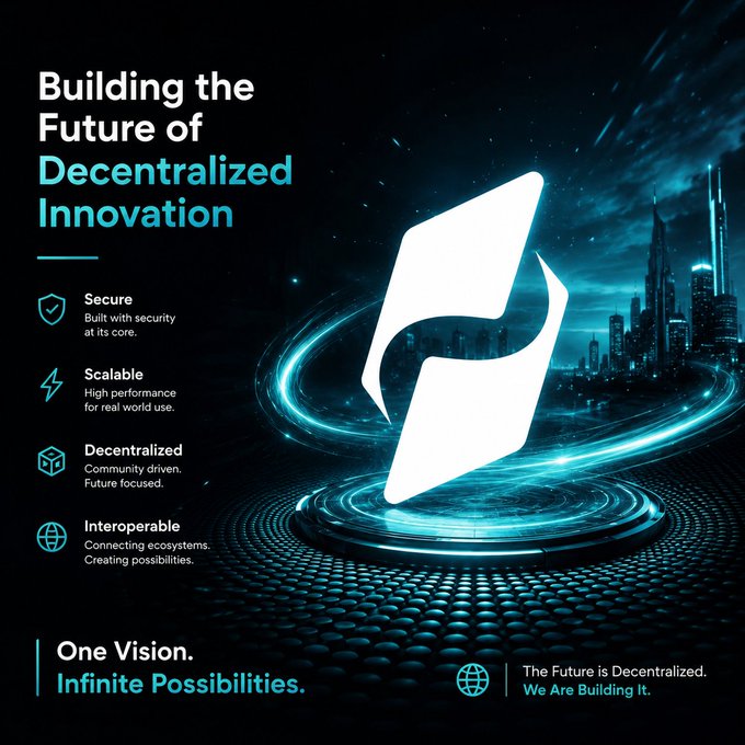 A promotional graphic titled 'Building the Future of Decentralized Innovation' featuring a large stylized 'P' logo with cyan energy effects, listing features like Secure, Scalable, Decentralized, and Interoperable, with the tagline 'One Vision. Infinite Possibilities.'