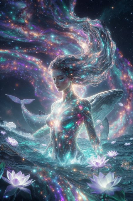 The image features a woman with long hair, surrounded by stars and floating flowers. The background of the image is dark blue, creating an otherworldly atmosphere. The caption for this image reads "Morning Guardian of the Sacred Waters #ROXANA".