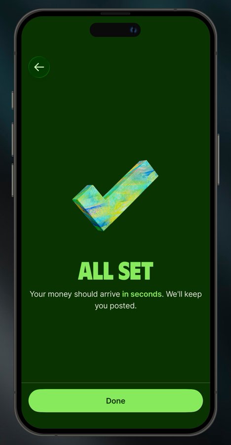 A mobile app screen showing a green confirmation interface with a large iridescent checkmark, the text 'ALL SET', and a 'Done' button at the bottom.