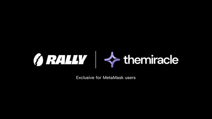 The image shows a promotional banner on a black background featuring the "RALLY" logo with a football icon alongside the MetaMask-style purple star logo and "themiracle" text, separated by a vertical line. Below the logos, the caption reads "Exclusive for MetaMask users," announcing that Rally has joined MetaMask Rewards with 400 Rally Points offered to new users who connect via the MetaMask Rewards platform.