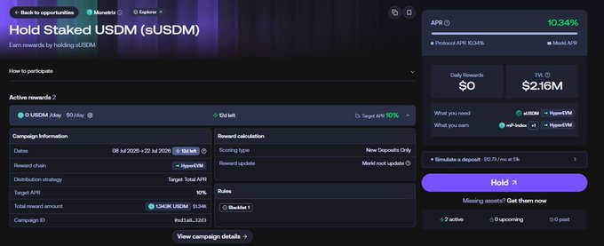 A cryptocurrency platform interface showing a 'Hold Staked USDM (sUSDM)' opportunity with a 10.34% APR, 0 active rewards, and 134k USDM total reward amount.