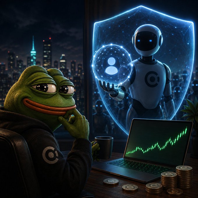 A digital illustration shows a Pepe the Frog character in a hoodie with a copyright symbol, sitting at a desk with a laptop showing a rising green chart, while a robot in a glowing shield holds a user-profile hologram.