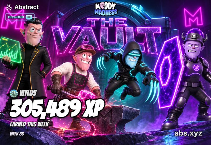 A promotional graphic for the game 'Moddy Madness: The Vault' featuring four cartoon characters, displaying '305,489 XP EARNED THIS WEEK' for player VITUS in Week 85, branded by Abstract and abs.xyz.
