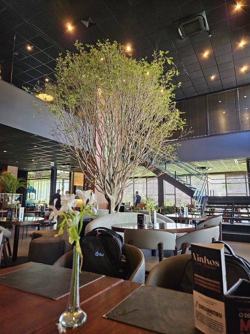 An interior view of a modern cafe or lounge with dark ceilings, where a decorative tree grows in the center surrounded by seating and a vase of flowers sits on a table in the foreground.