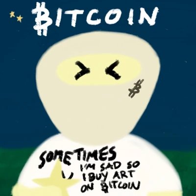 Digital artwork featuring a ninja character with the text 'BITCOIN' at the top and 'SOMETIMES I'M SAD SO I BUY ART ON BITCOIN' written on its white robe.