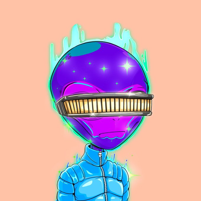 A vibrant digital illustration depicts a purple alien-like figure wearing a gold grille visor and a puffy blue jacket against a peach background.