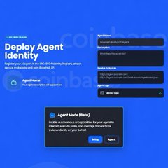 The image displays a Coinbase interface for "Deploy Agent Identity" using Agent Mode, featuring options like payment methods (USDC), agent mode info, and an "Agent" button on a blue background with a Coinbase logo watermark. This relates to the post by promoting Coinbase's new Agent + x402 feature, highlighting that over 35,000 users have already adopted the agent-based platform on Base.