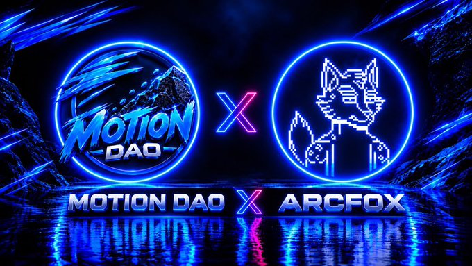 A neon blue and pink promotional graphic displays 'MOTION DAO X ARCFOX' featuring a pixel art fox logo.