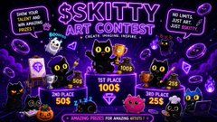 A promotional graphic for a '$SKITTY ART CONTEST' with prize tiers of 25, 50, and 100$, plus larger prizes of 500$ and 100$, featuring cartoon black cats in space helmets.