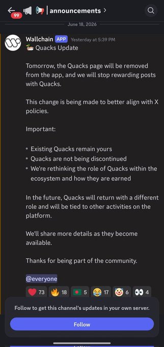 The image shows a screenshot of a social media post, possibly a Facebook or Instagram message, with a caption that reads "situation report as it stands for WallChain: no more quacks ... quack heads are down bad ... market is bleeding can WallChain recover from this?". The post seems to be about the Quacks Update and its impact on the Quack page.