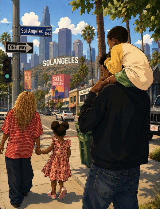The image shows a family of four standing at a street corner in front of a sign that reads "Sol Angeles" and "SOLANGELES," with billboard versions of the same text visible in the background—directly visualizing the meme token ticker $SOLANGELES being referenced in the post as a potential surprise pick.