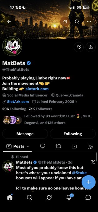 A Twitter/X profile page for 'MatBets' (@TheMatBets) showing a verified account with 296K followers, based in Quebec, Canada, featuring a bio promoting Limbo and a pinned tweet about Stake bonuses.