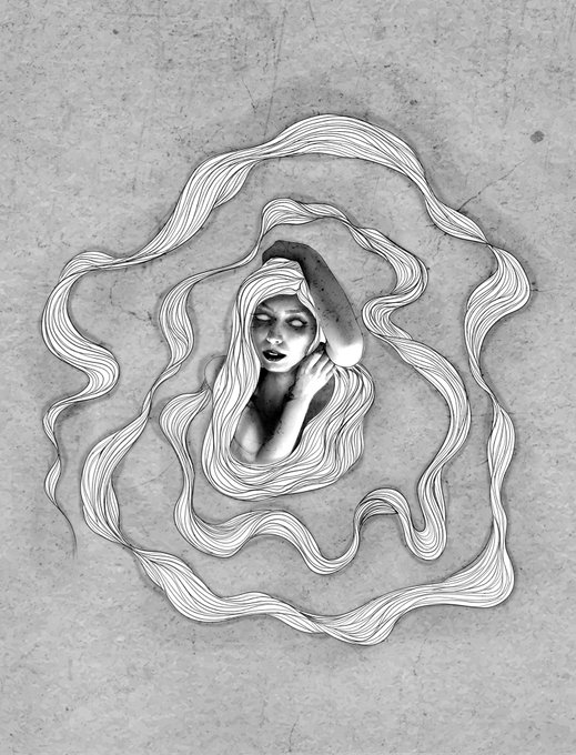 A grayscale artistic illustration shows a serene woman surrounded by flowing, wavy strands of hair forming a circular pattern against a textured background.