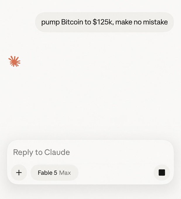 The image shows a message from Claude Fable 5 about Bitcoin. The message reads "Claude Fable 5 cooking so hard it got suspended... Well forget fable 5, we cook something new for you on #BitgetAl, stay tuned." This message is related to the post because it contains information about Bitcoin and its value.