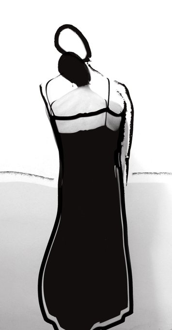 A stylized black-and-white illustration of a woman in a black slip dress viewed from behind, with a circular cutout at the top of her head.