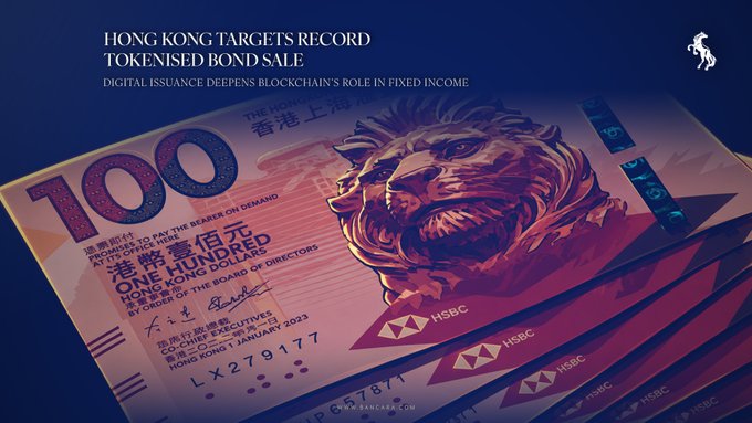 A headline reads 'HONG KONG TARGETS RECORD TOKENISED BOND SALE' with subtext 'DIGITAL ISSUANCE DEEPENS BLOCKCHAIN'S ROLE IN FIXED INCOME' above an image of stacked pink Hong Kong $100 banknotes featuring a lion design and HSBC markings.