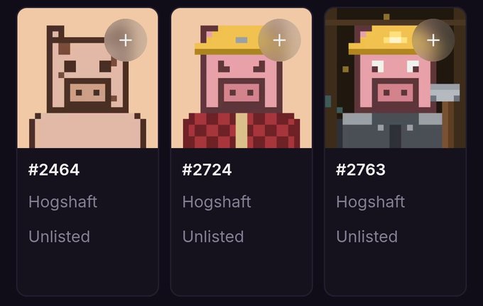 Three pixel art NFT tiles from the 'Hogshaft' collection (#2464, #2724, #2763), all marked as Unlisted, showing pig characters at progressively higher construction/engineering tiers.