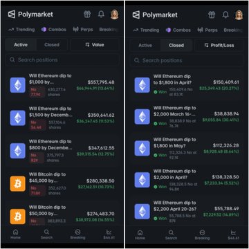 Two screenshots of the Polymarket prediction platform showing various 'Will Ethereum dip to...' and 'Will Bitcoin dip to...' markets with their yes/no prices and trading volumes.
