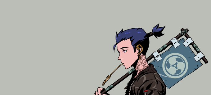 A 2D animated illustration of a character with blue hair in a small ponytail, smoking a pipe-like straw, wearing a dark jacket, and carrying a blue banner with a circular emblem on their back.