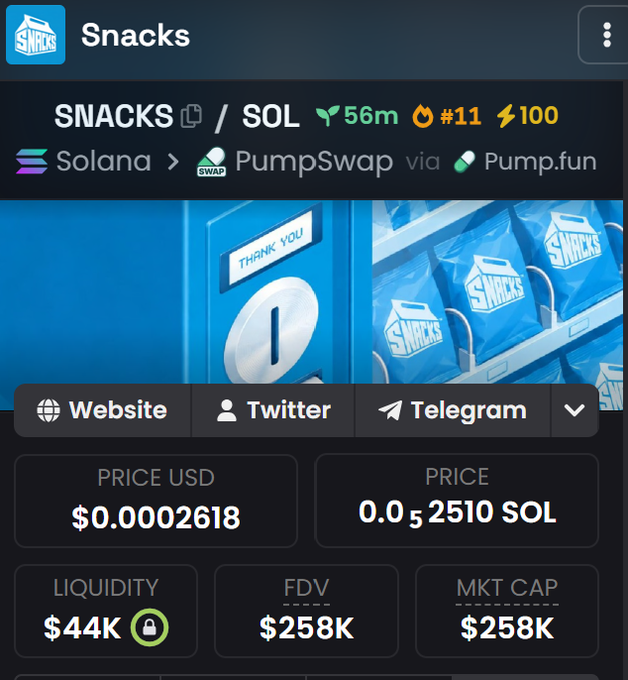 A cryptocurrency trading interface shows the SNACKS/SOL token pair on Solana via PumpSwap through Pump.fun, displaying a price of $0.0002618, liquidity of $44K, FDV of $258K, and market cap of $258K.