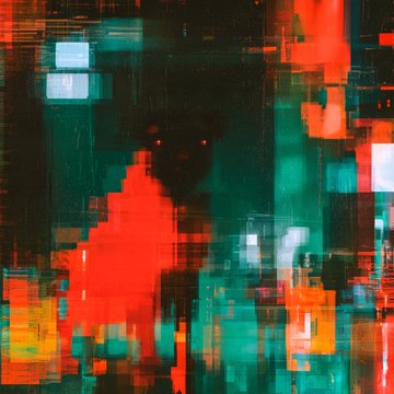 An abstract glitch-art piece featuring a dark shadowy silhouette with glowing red eyes against a pixelated background of teal, red, and orange blocks.