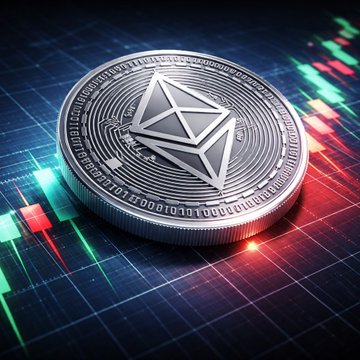 A silver Ethereum coin rests on a colorful candlestick chart, symbolizing the cryptocurrency's strong market performance. The image visually reinforces the post about Ethereum ETFs achieving their best monthly inflows since October 2025, with $365.17M in July.