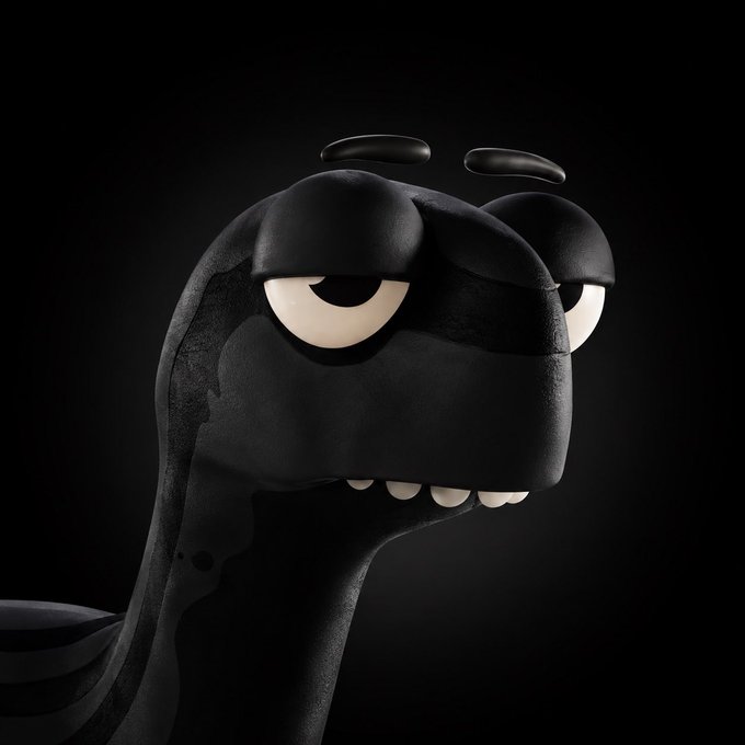 A 3D rendering of a dark, stylized cartoon character with droopy half-closed eyes, small floating eyebrows, and a few visible teeth against a black background.