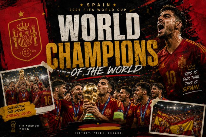 A celebratory graphic declaring 'SPAIN 2026 FIFA WORLD CUP WORLD CHAMPIONS OF THE WORLD' featuring team photos with the trophy and Spanish flag.