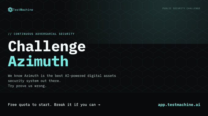 A dark-themed promotional graphic titled 'Challenge Azimuth' with the subtitle 'CONTINUOUS ADVERSARIAL SECURITY,' stating Azimuth is the best AI-powered digital assets security system, from TestMachine with the URL app.testmachine.ai.