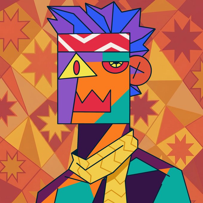 A vibrant, abstract geometric portrait featuring a stylized face with bold colors, spiky purple hair, and a patterned scarf, set against an orange starburst background. The eye-catching artwork complements the giveaway post for Pikkazo NFT, adding visual flair to the promotional contest for 20 GTD.