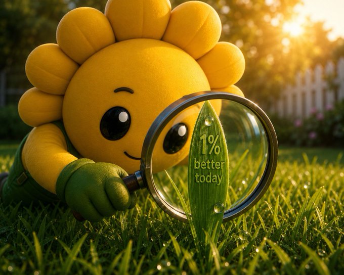 A 3D-rendered yellow flower-like plush character wearing green gloves looks through a magnifying glass at a blade of grass with '1% better today' written on it.