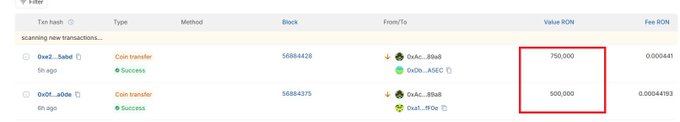 The image displays an overview of transactions made by a trading app called @Moku, which is used for exchanging currency. One transaction has been completed with $1.25 million successfully transferred. The app has just received another $1.25 million from Sky Mavis in a Bitcoin trade. Keep calm and carry on! Don't fall prey to the fear of missing out - focus on what's happening in this image, and remember that the post is suggesting some caution while trading.
