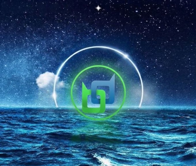 An artistic image of the Unicrypt logo over a cosmic ocean scene with a glowing arc and a starry night sky.