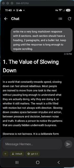 A smartphone screenshot of a chat with an AI assistant named Hermex, showing a request for a long markdown response with 8 sections and the beginning of a response titled '1. The Value of Slowing Down'.