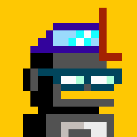 A pixel art character with a purple hat, dark goggles, and grey suit against an orange background.