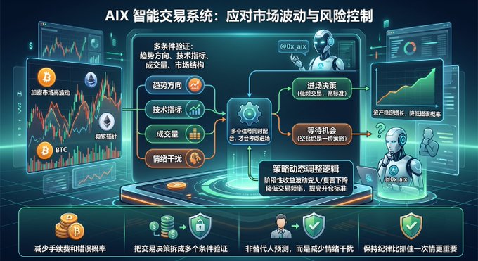 An infographic titled "AIX 智能交易系统：应对市场波动与风险控制" showing a trading AI system with charts, robot figures labeled @0x_aix, and various risk control strategies including 加密货币, BTC, and ETH.