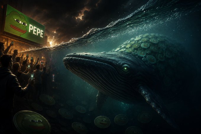 A dramatic digital artwork showing a massive whale emerging from the water near a crowd of people with a billboard displaying the "PEPE" meme character.