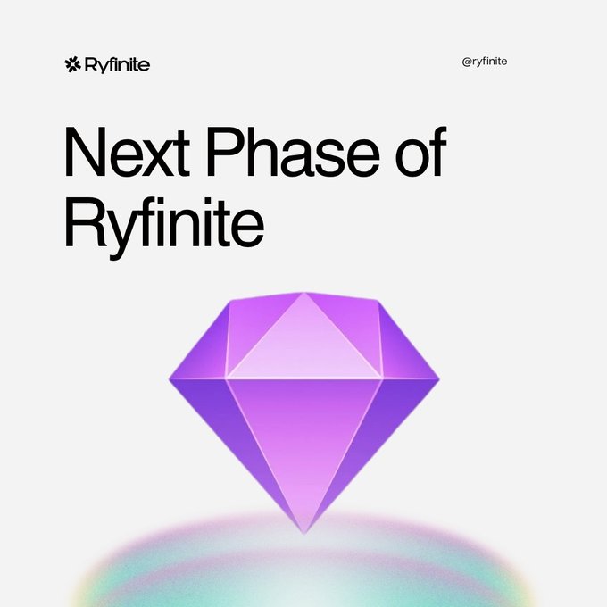 A clean, minimalist promotional graphic featuring a 3D purple gem icon centered on a light gray background, with the bold headline "Next Phase of Ryfinite" above it and the Ryfinite logo and "@ryfinite" handle at the top—teasing the upcoming $RFN token launchpool announcement.