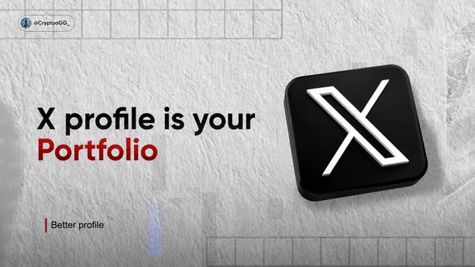 The image features a black X app icon alongside the text "X profile is your Portfolio," visually reinforcing the post's message that a well-crafted X profile serves as a professional portfolio in the Web3 space.