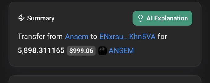The image shows a transaction summary indicating a transfer of 5,898.31 $ANSEM tokens (worth $999.06) from "Ansem" to a recipient address beginning with "ENxrsu...Khn5VA." This appears to be screenshot evidence supporting a giveaway post, where the user is distributing airdropped $ANSEM tokens to participants who retweet and provide their Solana addresses.