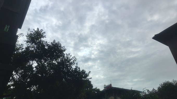 A view of a cloudy sky framed by the dark silhouettes of rooftops and a tree.