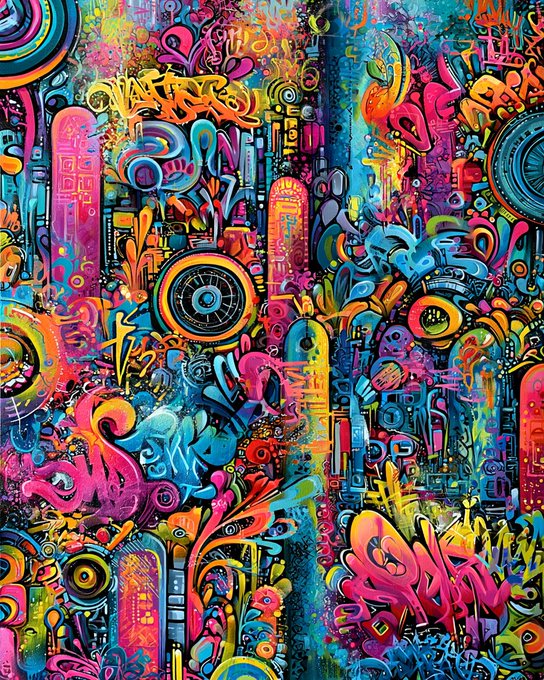 A vibrant graffiti-style artwork featuring dense, colorful tags, abstract swirls, and stylized lettering in pinks, blues, oranges, and yellows — visually capturing the energetic "Urban Frequency" theme referenced in the post. Some partially legible text in the artwork includes "COOL," "GW," and "SOUL," echoing the raw street-art aesthetic tied to the title.