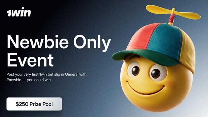 A promotional graphic for a '1win Newbie Only Event' with a $250 Prize Pool, featuring a smiling emoji face wearing a propeller beanie.